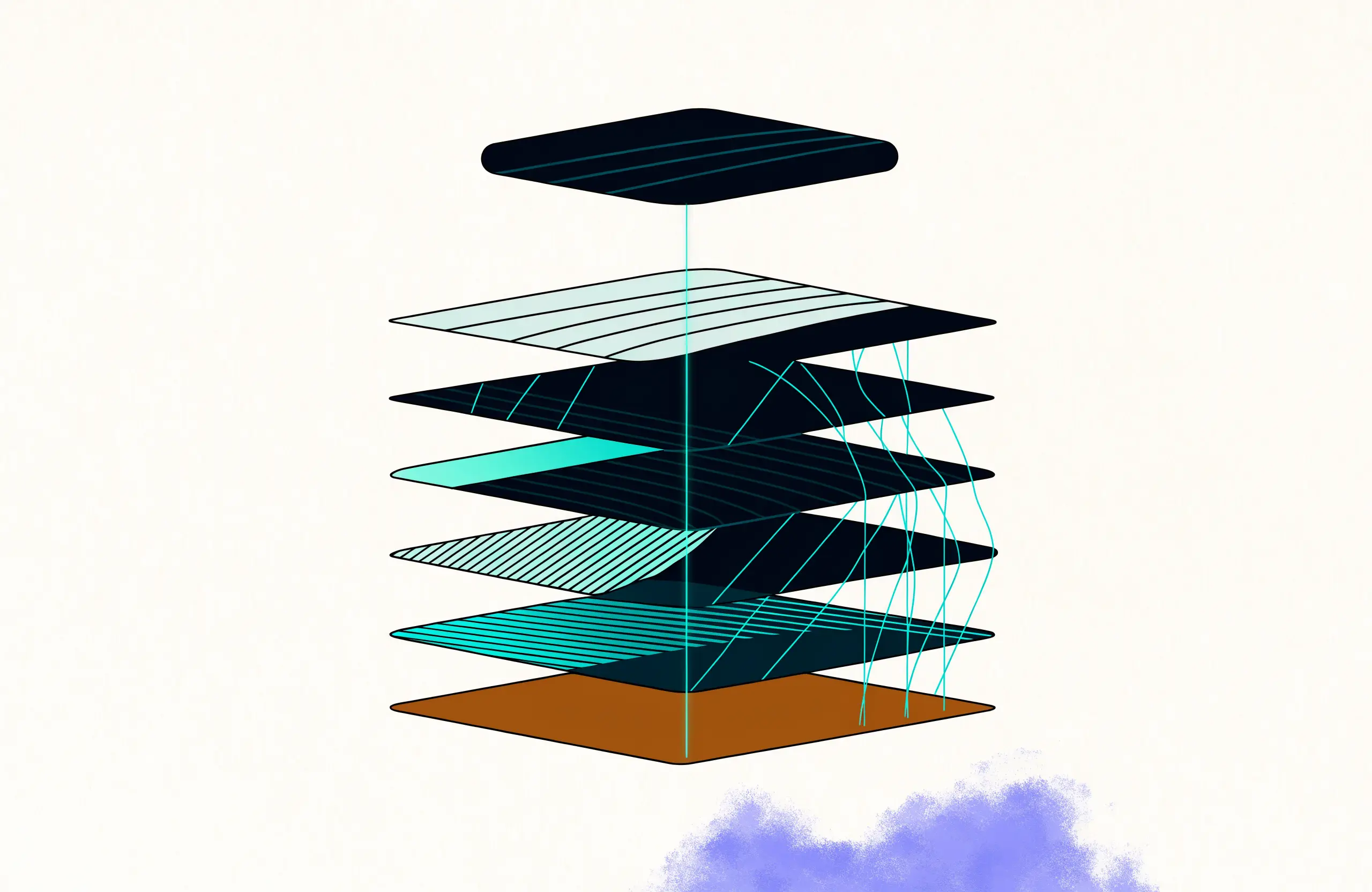 An exploded diagram of translucent layered strata threaded by a glowing teal line, descending to a solid amber bedrock plate, with a soft violet cloud marking the unexplored edge
